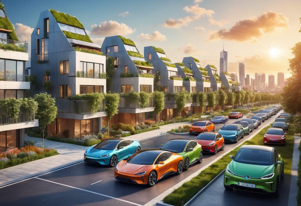 A bustling city skyline blending modern architecture with green spaces, depicting affordable housing options like stylish apartments and eco-friendly homes. In the foreground, diverse individuals engaging in activities like gardening and social interactions, symbolizing community living. Include elements of smart technology, like solar panels and electric vehicles. Bright, inviting colors to create an uplifting atmosphere. super-realistic. vibrant colors. 3D.