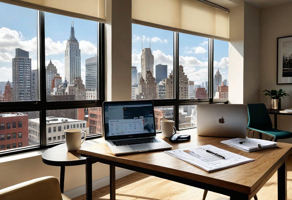 A sleek urban apartment interior showcasing a stylish workspace with a laptop, documents, and a coffee cup. Sunlight filters through large windows, illuminating a cityscape in the background. Include elements representing lease contracts such as a pen, a signed contract, and a vintage key. The color palette should be inviting and modern, emphasizing organization and professionalism in property management. super-realistic. vibrant colors. 3D.
